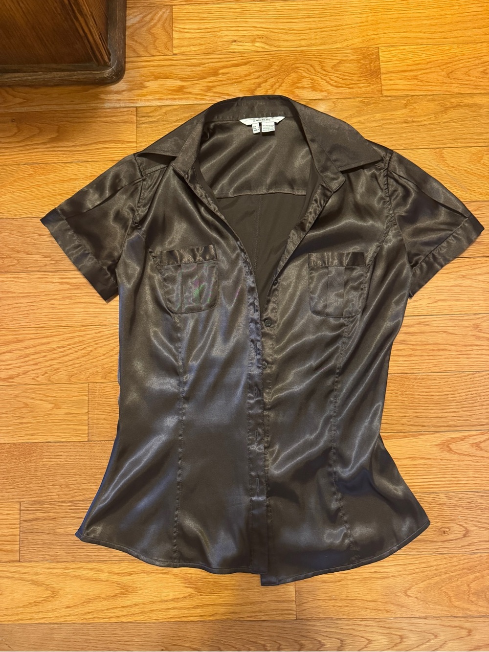 Zara Brown Satin Short-Sleeve Button-Down Shirt
